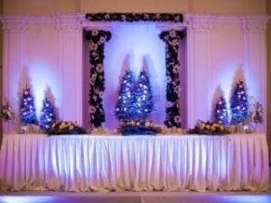 Behold, the scene is set for an epic gathering! A table, adorned with magnificent floral wonders, stands boldly against a luminous backdrop where artificial trees reach towards the heavens bathed in mystical purple light. This enchanting atmosphere is designed to captivate all who enter its realm. But fear not, for Event Heroes stand ready to elevate your experience to superheroic heights—with their unparalleled expertise in professional event lighting, theyll transform any occasion into a legendary spectacle!. :The Event Heroes at Black Tie Productions