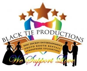 Behold the emblem of Black Tie Productions, a dazzling masterpiece emblazoned with radiant rainbow stars that shimmer like galaxies. Silhouetted couples strike dynamic poses amidst this technicolor spectacle, embodying the union of love and unity. The proclamation reads: Disc Jockey Entertainment, Photo Booth Rentals, Event Lighting. This is our pledge and our power: to illuminate your events with brilliance and flair. Because at Black Tie Productions, love is our greatest ally—we stand boldly united to support it in all its glorious forms!. :The Event Heroes at Black Tie Productions