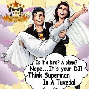 In a world where weddings need more than just music, Superman stands tall in a dashing tuxedo, cradling a bride as they soar through a whimsical cartoon sky. The clouds part and the question arises: Is it a bird? A plane? No... Its your DJ! This is the calling card of Event Heroes in Michigan, ready to deliver extraordinary wedding experiences with event lighting that astonishes and captivates. Get ready for an unforgettable night powered by those who make magic happen!. :The Event Heroes at Black Tie Productions