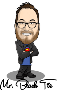 In the vibrant world of animated adventure, our hero takes center stage—a cartoon figure donning a pair of distinctive glasses and a bold blue shirt emblazoned with the iconic Superman logo. With arms confidently crossed and a smile that radiates charisma, this character epitomizes courage and style. Below him, the name Mr. Black Tee is proudly displayed, capturing the essence of this playful powerhouse—the embodiment of Event Heroes fun-loving spirit!. :The Event Heroes at Black Tie Productions