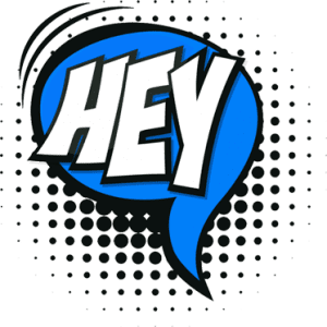 BOOM! A dynamic comic-style speech bubble bursts into action with the word HEY emblazoned in bold white letters, striking against a brilliant blue backdrop. Encased in an electrifying black dotted pattern, this design is your secret weapon for supercharging your Michigan wedding DJ setup. Its designed to dazzle, capture attention, and elevate the mood lighting to legendary heights!. :The Event Heroes at Black Tie Productions