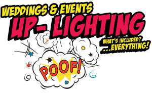 In dazzling, bold comic-style lettering: Weddings & Events Up-Lighting! bursts onto the scene with a resounding POOF! Sparkling cartoon stars and clouds float across a vibrant green sky. Our fearless Event Heroes are here to save the day, making sure your celebration sparkles like never before with their top-notch event lighting prowess and state-of-the-art photo booth rental wonders. Fear not—because when it comes to whats included, its simple: Everything!. :The Event Heroes at Black Tie Productions