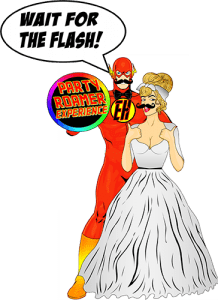 In the heart of an action-packed cityscape, a dynamic figure clad in a blazing red suit emblazoned with EH stands boldly next to an unlikely ally—a woman disguised in a whimsical wedding dress complete with a faux mustache. With confidence crackling like electricity, he declares, Wait for the flash! Their hands united around the ultimate badge of celebration: the Event Heroes Party Roamer Experience. Together, they herald an iconic collaboration that merges their unstoppable forces with Black Tie Productions, ready to take any event world by storm!. :The Event Heroes at Black Tie Productions