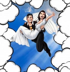 Event Heroes unleash a vivid, comic-book spectacle featuring a groom transformed into a dashing superhero, soaring through the blue skies with his radiant bride in his arms. Framed by billowing clouds, this scene captures the essence of love and adventure. As Michigan’s beloved wedding DJ duo, they ignite every celebration with electrifying event lighting that sets the stage for unforgettable memories. :The Event Heroes at Black Tie Productions