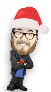 Behold the dashing, dynamic DJ Dynamo! Clad in a striking ensemble that dares to blend the holiday spirit with heroic flair, he stands ready to bring down the house at any Michigan wedding pumped up by Black Tie Productions. With his signature Santa hat perched atop a mane of wisdom-enhancing facial hair and glasses revealing eyes that sparkle with musical genius, he exudes an aura of invincible charisma. Beneath his sleek suit lies the iconic emblem of ultimate power: a Superman T-shirt. Arms crossed and confidence blazing, DJ Dynamo is here to orchestrate unforgettable moments—and nothing can stop this sonic savior from delivering maximum marvel at every beat!. :The Event Heroes at Black Tie Productions