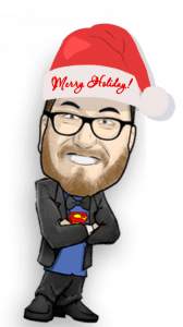 Behold the Festive Defender! A beacon of cheer and strength, this mighty figure stands tall with his iconic glasses glinting under the holiday lights. He dons a Santa hat that proudly proclaims Merry Holiday! as he exudes warmth and joy. Beneath his sleek suit jacket, the unmistakable emblem of a superhero peeks through—a Superman shirt symbolizing hope and power. With an unyielding smile and arms confidently crossed, he captures the essence of every Event Hero moment. Just like conjuring an instant price quote with a wave of his hand, he embodies the spirit of celebration and efficiency!. :The Event Heroes at Black Tie Productions