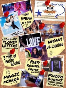 In a world where wedding dreams become reality, Black Tie Productions emerges as the hero of celebration! Behold their ultimate collage of electrifying entertainment options, ready to supercharge any Michigan wedding. With their unstoppable team of DJs spinning epic tracks, photo booth rentals capturing memories like never before, and uplighting creating an atmosphere that dazzles the senses, every service is a powerful force in crafting unforgettable moments. Feel the dynamic energy surge as vibrant text and imagery showcase the limitless possibilities for an extraordinary celebration!. :The Event Heroes at Black Tie Productions