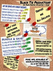 Unleash the power of Black Tie Productions and transform into the Event Hero you were destined to be! With our legendary DJ services, epic photo booths, and dazzling event lighting, your event will be nothing short of spectacular. Venture into our realm of unbeatable package deals and lock in your date with our enticing retainer fees. For more information and heroic details outlined by bold red pins and notes, reach out to us now and embark on your journey as an Event Hero!. :The Event Heroes at Black Tie Productions