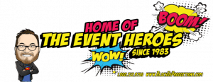 Behold! Standing tall beside the iconic cartoon figure: The Legendary Lair of The Event Heroes, Wow! – Igniting Celebrations since 1983. Unleash the extraordinary power of our dazzling event lighting and summon an instant price quote for your next epic gathering. Contact the League of Event Heroes today to transform your vision into reality!. :The Event Heroes at Black Tie Productions