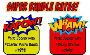 Introducing the ultimate heroic deal to save your special day! Presenting the Super Bundle Rates graphic, destined to elevate any event to legendary status! To the left, behold the Kapow! bundle—a dynamic duo featuring our Michigan Wedding DJ paired with a Classic Photo Booth for just $895. This powerhouse combo is sure to capture every moment and keep the party vibes soaring. On the right, unleash the excitement with the Wham! bundle! This electrifying pair teams up a top-notch Disc Jockey with a cutting-edge Selfie Station for only $745. Together, they promise unforgettable interactions and endless fun. Trust Event Heroes—your allies in transforming ordinary events into extraordinary adventures—with these thrilling bundles. Your celebration will never be the same again!. :The Event Heroes at Black Tie Productions