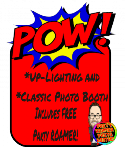 BOOM! In a burst of electrifying color and action-packed excitement, Event Heroes arrives to save the day! 🎉 KA-POW! Unleash the ultimate party power with *Up-Lighting* and *Classic Photo Booth*, complete with your very own Party Roamer ready to capture every heroic moment! In a striking red box, it reads: “*Up-Lighting and *Classic Photo Booth includes a Party Roamer!” 📸✦ 💥 Get ready to soar into unforgettable memories as Event Heroes transforms your celebration into an epic adventure. Whether its dynamic photo booth escapades or sensational Michigan wedding DJ services, we’ve got you covered! At the bottom right corner stands our cartoon crusader, poised for action. Make your celebration legendary—choose Event Heroes! 🌟. :The Event Heroes at Black Tie Productions