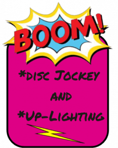 BOOM! 💥 Against a vibrant pink backdrop, the words burst forth in dynamic flair: *Disc Jockey and *Up-Lighting! ⚡️ A striking yellow lightning bolt energizes the scene below. Brought to you by Event Heroes — champions of unforgettable moments!. :The Event Heroes at Black Tie Productions