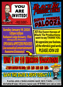 🌟🎇 Unleash the Power of Fun at Black Tie Productions Super Friends Palooza! 🎇🌟 🦸 Date: January 19, 2020 🦸‍♂️ Prepare for an epic adventure of excitement and camaraderie! Join forces with fellow heroes for a day packed with action and thrill: 🎁 Heroic Giveaways 🤹 Live Entertainment Acts 🚀 Galactic Vacation Raffles Experience unforgettable moments enhanced by vibrant event lighting, capturing the magic at our dynamic Photo Booth Rental 🖼️. Dont let this incredible event slip through your super senses—secure your secret identitys spot by RSVPing now! Gather your super squad and lets create legendary memories together! 🌠✨. :The Event Heroes at Black Tie Productions