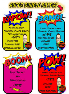 Unleash the ultimate party experience with Event Heroes—where every celebration becomes legendary! Dive into our thrilling DJ and photo booth rental packages, splashed with electrifying superhero-themed graphics. Choose your adventure from our dynamic options: Kapow, Bang, Boom, and Pow! Whether youre battling boredom or just aiming to elevate your event to superhero status, weve got you covered. Our power-packed prices range from just $1195 to $2795. Conquer your curiosity instantly—get a price quote today for features that will make your party unforgettable! With Event Heroes on your side, youre guaranteed an event thats nothing short of epic!. :The Event Heroes at Black Tie Productions