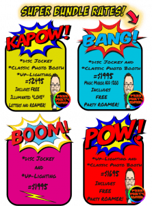 In the vibrant realm of Black Tie Productions, where every event transforms into a legendary adventure, dazzling burst-shaped promotional signs illuminate a world of electrifying DJ service packages. Each mighty package comes armed with its own heroic accomplice: a state-of-the-art photo booth rental and dazzling event lighting, all brought to life by animated faces of dynamic cartoon characters. With these extraordinary elements, any occasion transcends the ordinary, infused with boundless fun and flair befitting heroes and heroines alike!. :The Event Heroes at Black Tie Productions