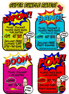 In a whirlwind of explosive action, four vibrant comic-style panels burst onto the scene, showcasing unbeatable bundle deals! With dynamic exclamations like KAPOW! and BANG!, each panel spotlights a heroic disc jockey and an electrifying photo booth. Original prices are slashed with superhero precision, revealing incredible discounts to save your day! Event Heroes swoop in with lightning-fast price quotes to power up your celebration with unparalleled style. Ready your party for an adventure like no other!. :The Event Heroes at Black Tie Productions
