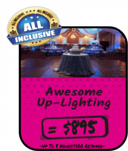 Greetings, mighty guests, to the grand hall of our wedding reception! Behold the dazzling event lighting that transforms the space into a realm of wonder and marvel at our magnificent cake table. A special power-up awaits you with our Awesome Up-Lighting promotion for just $895, thanks to the superhero team at Black Tie Productions. Unleash the full potential with our All Inclusive package, granting you up to 8 hours of epic celebration for a mere $100 retainer. Ascend your experience by enlisting a photo booth rental—a portal to capture legendary snapshots from this unforgettable day!. :The Event Heroes at Black Tie Productions