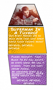 Behold, a gentleman clad in a dashing tuxedo strikes a pose of flight, embodying the triumphant spirit of your epic celebrations. Let Event Heroes take your special day to stratospheric heights with our elite event planning and unparalleled DJ services. Amplify the adventure with our photo booth rentals, perfect for immortalizing legendary moments at your Michigan wedding!. :The Event Heroes at Black Tie Productions