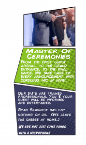 Panel 1: Behold, the dance floor ignites with electrifying energy as partygoers revel in sheer jubilation! 🎶✨ Black Tie Productions, your maestros of melody, unleash the ultimate soundtrack for an unforgettable gathering! Panel 2: As the curtain rises on the middle panel, our superhero MCs descend to command the festivity with skill and charisma. 🎤💫 With entertainment prowess and laser-focused professionalism, they ensure every moment is orchestrated to perfection. Panel 3: Finally, humor swoops in for a lighthearted reminder: Leave your cheese at home! 🧀🚫 because Black Tie Productions delivers only top-tier soundscapes! Michigan weddings and events have never been this supercharged! Whether it’s a ceremony or celebration—prepare for a spectacular adventure through music! 🌟🎊. :The Event Heroes at Black Tie Productions
