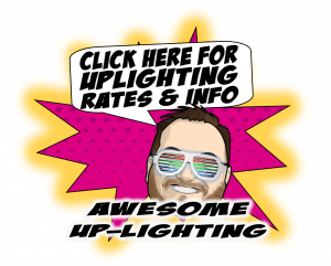 Behold the electrifying image of The Luminary, a cool crusader in shades! A dazzling banner bursts forth with cosmic energy, declaring: Activate here for legendary uplighting news & rates. Experience astonishing luminosity by Michigan’s own wedding DJ superheroes—Event Heroes! A vibrant backdrop accentuated with dynamic starbursts completes this epic snapshot!. :The Event Heroes at Black Tie Productions