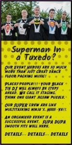 In a dramatic flourish, a group of five individuals clad in sharp suits stands tall, their stoic exteriors concealing the vibrant power beneath. With synchronized precision, they reveal superhero-themed shirts blazing with dynamic symbols—each one an emblem of their extraordinary alter-ego as the Event Heroes. Surrounded by an aura of determination and commitment, words from the comic-verse swirl around them like powerful mantras. They sing praises to their unparalleled prowess in event organization and herald the mighty power of meticulous planning. These champions of coordination command unprecedented abilities: quicksilver expertise that delivers swift price quotes for seamless arrangements. Their mission? To transform ordinary gatherings into spectacular sagas where every detail is orchestrated to perfection. As guardians of celebration and execution maestros, they stand ready to leap into action at a moments notice—because with the Event Heroes on your side, every event is destined for greatness!. :The Event Heroes at Black Tie Productions