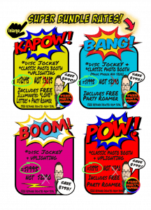 Gather around, citizens, and prepare to be amazed by the incredible Event Heroes! Our vibrant and mighty promo for DJ services unveils four thrilling bundles that pack a punch: Kapow, Bang, Boom, and Pow! Each bundle is a powerhouse of illuminated letters designed to light up your event like never before. With a dynamic party roamer in tow, you’ll experience electrifying savings that turn any occasion into an epic celebration. Whether its for an unforgettable event or the ultimate Michigan wedding DJ experience, Event Heroes have got you covered! Don’t forget to inquire about our supercharged photo booth rental options today! Suit up and join the adventure!. :The Event Heroes at Black Tie Productions