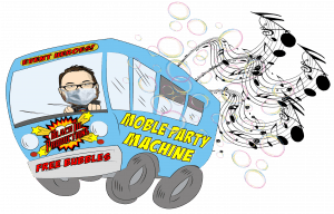 In the bustling cityscape, a masked hero pilots the legendary azure chariot known as the Mobile Party Machine. This magnificent vehicle, adorned with swirling bubbles of fun and emblazoned with titles of grandeur—Event Heroes! and Free Bubbles—stands ready to transform any mundane day into an epic celebration! Powered by the unparalleled prowess of Black Tie Productions, it lights up every corner with dazzling brilliance. Prepare yourself for an adventure where festivity meets heroic flair!. :The Event Heroes at Black Tie Productions