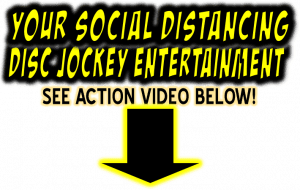 In bold hues of electrifying yellow and striking black, the message blazes across the screen: The Dynamic DJ Heroes of Social Distancing! Perfectly orchestrating all your Michigan wedding needs. Witness our superhero talents in action—see the epic video below! A large arrow points downward, guiding you to the marvels that await. :The Event Heroes at Black Tie Productions