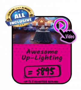 Behold the mighty promotional imagery for Event Heroes! Envision a table, illuminated by our elegant event lighting, a beacon of sophistication and style. Prominently marked as all-inclusive for just $895, it’s your gateway to transformation! With the tap of a video play button, witness the enchanting metamorphosis of any setting into a realm of wonder and awe. Join us on this heroic journey to elevate events beyond imagination!. :The Event Heroes at Black Tie Productions