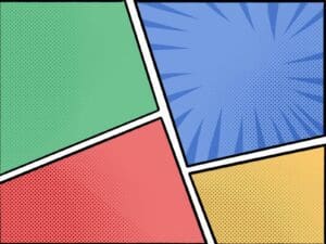 Panel 1: A burst of emerald green, showcasing the majestic grandeur of Black Tie Productions. Like a cityscape under the glow of heroically ethereal lights, this backdrop sets the stage for epic occasions. Panel 2: A dynamic blue with a powerful radial burst at its heart, echoing the unstoppable energy and charisma of Event Heroes. Imagine guests striking their best superhero poses against this electrifying canvas. Panel 3: Bold red commands attention with vibrant intensity, embodying passion and excitement. Perfect for capturing moments where you feel like youve just saved the day at one of Black Ties exclusive gatherings! Panel 4: Radiant yellow beams down like sunlight on an adventure-filled afternoon. This inviting hue offers optimism and joy—a fitting aura for unforgettable photo opportunities offered by Event Heroes iconic booths. Each panel stands distinct yet connected by crisp white borders; together they form an extraordinary layout fit for celebrations where everyone gets to be a hero!. :The Event Heroes at Black Tie Productions