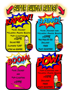 Unleash the Celebration with Our Electrifying Michigan Wedding DJ Packages! In this action-packed, colorful comic-themed poster, four mighty DJ packages burst onto the scene like heroes ready to save your wedding day! Each package, illustrated with vibrant designs, offers its own superpowers—special bundle rates and dazzling features that are sure to elevate your event to unforgettable heights. Swipe for an instant price quote that materializes faster than a superheros transformation! Whether youre looking for heart-pounding beats or elegant ambiance, our professional entertainment options will rescue any crowd from boredom. Plus, unleash more fun with potential photo booth rentals as part of your ultimate celebration arsenal. Prepare for a legendary event experience worthy of its own legendary tale!. :The Event Heroes at Black Tie Productions