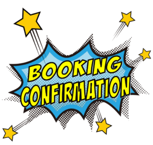 Introducing a dazzling, comic-book-inspired graphic: Booking Confirmation bursts onto the scene in bold, electrifying yellow letters, set against a dynamic blue starburst backdrop! Glimmering yellow stars orbit the central message like energized satellites, adding a touch of superhero flair. Elevate your photo booth rental to epic proportions with this sensational design, and unleash an arsenal of event lighting options to create an atmosphere so powerful it could rival any supernova!. :The Event Heroes at Black Tie Productions