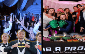 On the left, beneath a dazzling canopy of vibrant event lighting, partygoers transform the scene into a kaleidoscope of energy and movement, every dance step as powerful as a superheros leap. On the right, a dynamic team strikes heroic poses for an epic portrait adventure. Armed with whimsical props like gravity-defying hats and colossal glasses, they conquer moments of joy at a wedding venue turned fortress of fun—all thanks to Black Tie Productions’ legendary photo booth rental. :The Event Heroes at Black Tie Productions