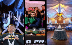 Black Tie Productions: A triptych image: Left shows a man in a superhero costume at a lively party; middle features a group in a photo booth with playful props; right depicts an elegant wedding venue illuminated with vibrant wedding uplighting, featuring draped ceilings, a chandelier, and a cake table adorned with blue cloth and flowers. :Your Event Heroes
