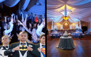 Amidst the vibrant swirl of celebration, guests move with the energy of superheroes, their capes billowing as they grace the dance floor. Meanwhile, to the right, an elegantly adorned wedding venue stands as a fortress of love and wonder. At its heart towers a cake more astonishing than any skyscraper and overhead, a ceiling draped like the cloak of royalty. Powering this epic festivity with sonic mastery is Black Tie Productions, ensuring this legendary gathering becomes an unforgettable saga in time. :The Event Heroes at Black Tie Productions