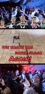 Top: A daring league of champions, decked out in formidable superhero gear. Middle: The earth-shattering dance floor, emblazoned with the words We shattered the dance floor ONCE MORE! Bottom: An electrifying throng at an epic dance crusade, brought to you by Black Tie Productions and their vibrant photo booth rentals. :The Event Heroes at Black Tie Productions