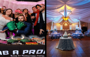 In the heart of an opulent sanctuary crafted by the legendary Black Tie Productions, a spirited ensemble of vibrant individuals gathers. Armed with playful props, they strike heroic poses, illuminating the room with their infectious energy. Overhead, fabric drapery cascades like soft clouds across the ceiling, where dynamic beams of light dance and shimmer to create an awe-inspiring spectacle. At the center stage, a cake—majestic and resplendent—stands as a tribute to this epic gathering. Together, they turn mere celebration into legendary tales spun amidst dazzling decor!. :The Event Heroes at Black Tie Productions