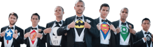 In the heart of Michigan, a wedding like no other unfolded. Seven noble gentlemen, clad in the elegant armor of tuxedos by Black Tie Productions, unveiled their true heroic natures. Beneath their formal guise lay the emblems of valor and justice—the caped crusaders Bat symbol, the indomitable crest of Superman, and the emerald beacon of Green Lantern. Together, they stood not just as men celebrating love but as champions ready to leap into action at a moments notice. :The Event Heroes at Black Tie Productions