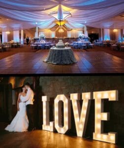 In the heart of a majestic venue where elegance reigns supreme, silk drapes cascade from the ceilings like gentle whispers of grace. At its core stands a grand table, heralding the magnificent wedding cake as its centerpiece. Amidst this splendor, the couple—they who have vanquished solitude to find one another—embrace triumphantly before a gigantic, radiant LOVE emblem that shines with an intensity rivaled only by their affection. Above and around them pulsates stunning event lighting, casting an ethereal glow that transforms this day into a legendary saga of romance and unity. :The Event Heroes at Black Tie Productions