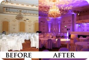 Black Tie Productions: A split image showcases a before and after of a ballroom. The left side depicts a plain room with white tablecloths and dim lighting, while the right reveals a transformed scene with vibrant purple wedding uplighting, decorative chandeliers, and an elegant setup, creating a festive ambiance. :Your Event Heroes