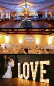 In a dazzling display fit for the realms of legend, the grand reception hall unfolds with ceilings draped like elegant capes. A mighty tiered cake stands as a symbol of unitys sweet triumph, amidst tables artfully adorned with regal decor. On the wall, an emblematic monogram glows like a beacon in the night, casting its light on the heroic couple poised valiantly beside towering LOVE letters ablaze with illumination. All around them, Black Tie Productions weaves their magic, crafting an atmosphere of wonder through their unparalleled command over event lighting—a scene truly worthy of champions. :The Event Heroes at Black Tie Productions