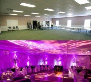 In a world where ordinary spaces lurk in the shadows, there emerges a hero to save the day—The Transforminator! Behold, mere mortals: The first image reveals nothing more than a blank canvas, an empty chamber yearning for purpose. But fear not! In the second snap of transformation glory—the room is revealed as a majestic arena of elegance. Draped in decor fit for royalty and illuminated with enchanting purple hues, its no longer just a space; it’s an extraordinary experience. And how does one achieve such splendor? By summoning your own event heroics through Black Tie Productions’ legendary photo booth rentals. Let them be your sidekick in turning your event into an unforgettable saga of style and sophistication! Embrace the extraordinary—transform your events today!. :The Event Heroes at Black Tie Productions