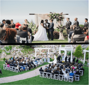 In the grand arena of love, two legendary unions unfold beneath the open sky. The first epic scene captures a valiant couple pledging their eternal bond under nature’s majestic canopy, surrounded by their loyal witnesses. Below, another duo of destiny stands at the altar of commitment, set amidst a similar heroic landscape with an audience ready to celebrate their extraordinary journey. To elevate your Michigan wedding into a memorable extravaganza, call upon the unparalleled skills of Event Heroes. With unmatched powers to orchestrate unforgettable moments through music and magic, they’re your ultimate ally in creating a wedding day unlike any other!. :The Event Heroes at Black Tie Productions