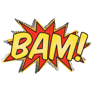 In a realm where excitement knows no bounds, a mighty comic-style illustration bursts onto the scene! Behold, BAM! blazes forth in colossal yellow letters, encircled by an electrifying starburst of red and orange flames. This is the dynamic spectacle reminiscent of a Michigan wedding DJ igniting the night with dazzling event lighting that dances to life with unparalleled vitality!. :The Event Heroes at Black Tie Productions