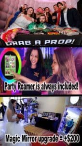 Three dynamic snapshots freeze the electrifying celebration in time: party guests striking heroic poses with photo booth props, a vigilant attendant demonstrating a cutting-edge touchscreen, and the breathtaking bride wielding the power of a Magic Mirror photo booth. Unleash unparalleled excitement at your Michigan wedding with Black Tie Productions as your DJ, elevating your event to legendary status!. :The Event Heroes at Black Tie Productions