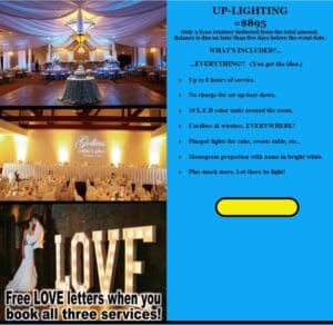 Event Heroes swoops in to illuminate your special occasion with their extraordinary up-lighting powers, all for just $895! Transform your wedding venue into a super-charged spectacle with LED up-lights, monogram projections, and more. Enhance your Michigan wedding DJ experience with our dazzling displays. View two epic images featuring a venue bathed in brilliant light and a couple standing triumphantly next to towering LOVE letters. Prepare to be amazed by the might of Event Heroes!. :The Event Heroes at Black Tie Productions