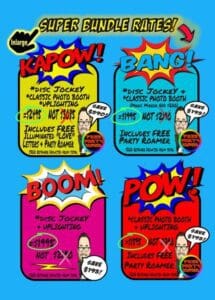 Behold, citizens of Celebration City! Feast your eyes on the electric spectacle of our Super Event Package Extravaganza! Unleash the power duo: The Mighty Disc Jockey and The Fantastic Photo Booth—together at last to save your party from ordinary doom! In bold, comic-book style, behold incredible prices and heroic savings that leap off the page with astonishing impact. Your memorable crusade awaits, for with optional event lighting as your sidekick, your event shall shine as an unforgettable legend in historys comic tapestry!. :The Event Heroes at Black Tie Productions