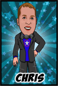 In a vibrant comic strip explosion, behold the dashing figure of StarSuit! Decked out in a sleek, star-emblazoned ensemble, he stands against a dazzling cosmic backdrop. With energy as electrifying as his playlists and charisma that lights up any room, the name Chris shines boldly below. Whether saving the day or spinning tracks at joyous Michigan celebrations, hes your ultimate wedding DJ superhero!. :The Event Heroes at Black Tie Productions