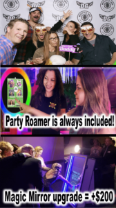 Behold, the legendary Party Roamer is always part of the action! Elevate your event to heroic heights by upgrading to our mystical Magic Mirror for just an additional $200. Witness as two valiant women command a touchscreen device, while guests engage with the grand, illuminated mirror – a portal to endless fun and interaction. Perfectly tailored for any extraordinary gathering, Black Tie Productions unleashes an unforgettable experience with premier Michigan wedding DJ and event lighting services. Make your celebration epic!. :The Event Heroes at Black Tie Productions