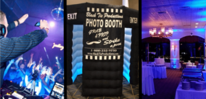 Behold the scene of epic celebration: a mighty Michigan DJ, the Maestro of Beats, ignites a supercharged crowd with electrifying tunes, transforming mere partygoers into dancing heroes. Nearby stands the legendary portal of memories—a photo booth emblazoned with Black Tie Productions, capturing timeless moments for those who dare to enter. And towering above it all, an exquisitely adorned event room glows in blue luminescence, its tables elegantly poised like sentinels of sophistication. :The Event Heroes at Black Tie Productions